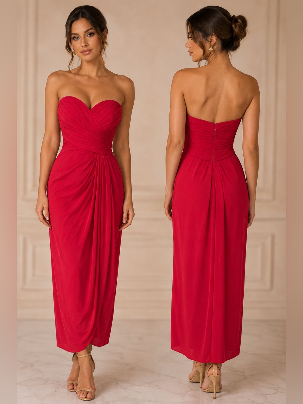 Azazie Red Chiffon Strapless Sweetheart Ruched Maxi Formal Dress Size A6 US 6